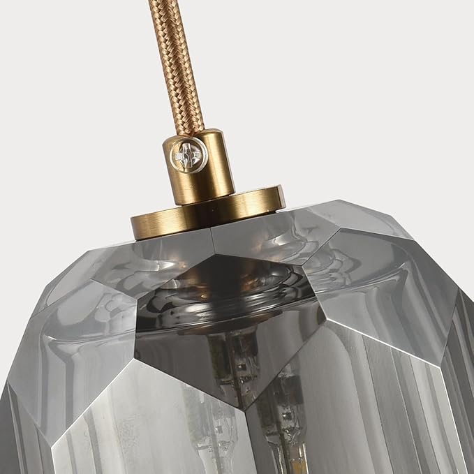 Modern Pendant Lighting, Smoke Crystal Small Pendant Light Fixture for Kitchen Island, Brushed Brass Ceiling Light Single Pendant Light for Dining Room Bathroom