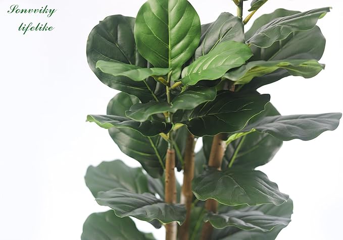 Artificial Fiddle Leaf Fig Tree 5ft, Faux Ficus Tree with Realistic Resin Trunk & Stable White Cement Planter, Fake Indoor Plant for Home Office Decor in Living Room Sonvviky