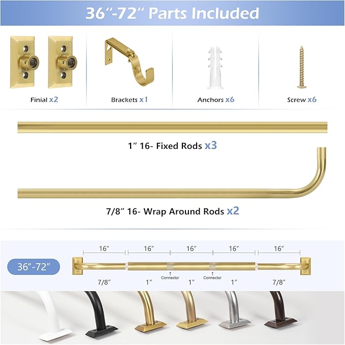 Gold Wrap Around Curtain Rods 36 to 72:Blackout Heavy Duty Adjustable Window Curtain Rod for Bedroom Kitchen,Modern Decorative Curved French Metal Single Drapery Rods Easy Install,Brushed Gold