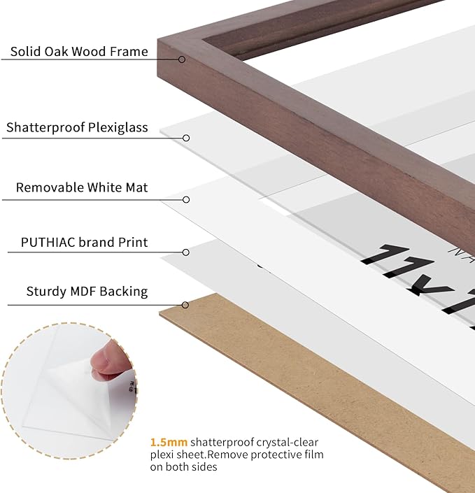 puthiac 11x17 Walnut Oak Wood Picture Frame - Minimalist 11x17 Poster Frame, 11"x17" Frame Wood, Natural Solid Wooden Picture Frames for Wall Art Photo and Prints (1 Pack, Walnut)