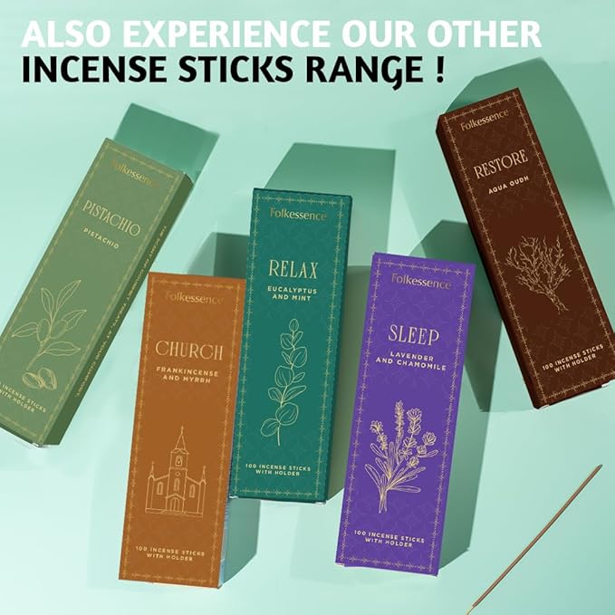 Folkulture Incense Sticks | Set of 100 Insence-Sticks with Holder for Relaxation | Eucalyptus & Mint Incense | Organic, Slow Burning & Non Toxic Inscents for Women