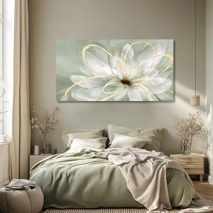Room Wall Decoration Canvas Wall Art White Flowers Picture Modern Gold Foil Painting for Bedroom Living Room Kitchen Office Hotel 24" x 48"