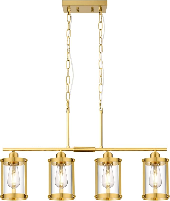 4-Light Kitchen Island Lighting, Brushed Gold Linear Dining Room Light Fixtures with Clear Glass, Modern Mid Century Chandelier Pendant Light for Kitchen Island Dining Room, OS-3014-4ISBG