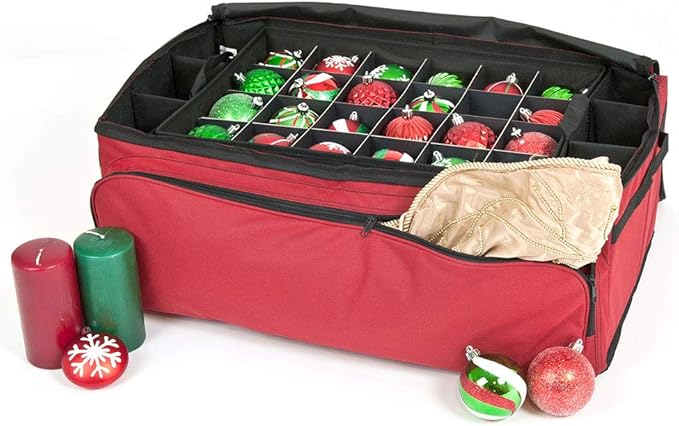 [Red Christmas Ornament Storage Box with Dividers] - (Holds 72 Ornaments up to 3 Inches in Diameter) | Acid-Free Removable Trays with Separators | Extra Front and Side Pockets for Additional Storage