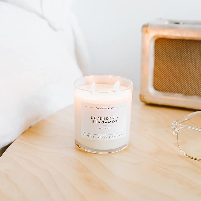 Calyan Wax Co. Lavender & Bergamot 2 Wick Scented Candle - 37 Hour Burn - Luxury Non Toxic Soy Wax Candles - Long Lasting Large Glass Jar Candle for Home - 8.8oz