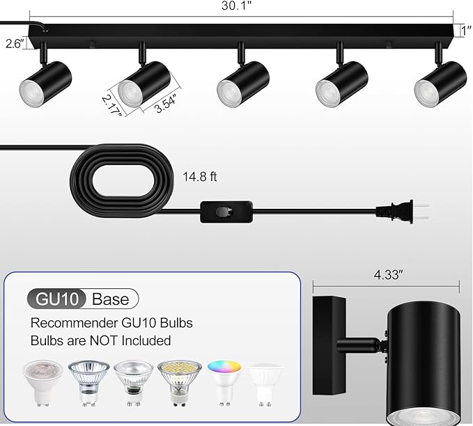BoostArea Plug in Track Lighting, LED Track Light Kit, Black 5-Light Track Lights for Kitchen, 15 FT Cord,5 Way Ceiling Spotlight, Rotatable Wall Mount Light Head for Bedroom Hallway Living Room