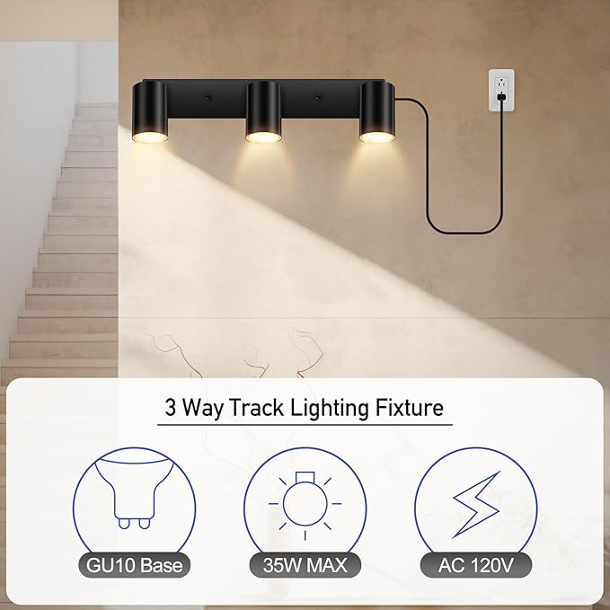 BoostArea LED Track Lighting Ceiling Fixtures, Black 3-Light Plug in Track Lights for Kitchen, 3 Way Ceiling Spotlight, 15 FT Cord,Flexibly Rotatable Wall Mount Light Head for Bedroom Hallway