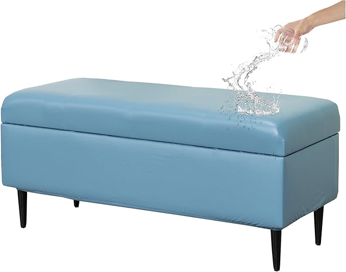 CRFATOP Waterproof PU Ottoman Stool Cover Stretch Folding Storage Footstool Bench Slipcovers Upholstered Foot Chest Chair Covers Washable Entryway Furniture Protector with Elastic Bands,M,Blue