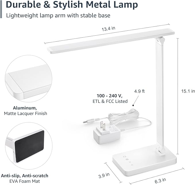 Lepro LED Desk Lamp with USB Charging Port, 700LM Dimmable Home Office Touch Control Reading Table Lamp,5 Color Modes with 5 Brightness Level, Dorm Room Essentials, Task Lamp, Sewing, Crafting, White