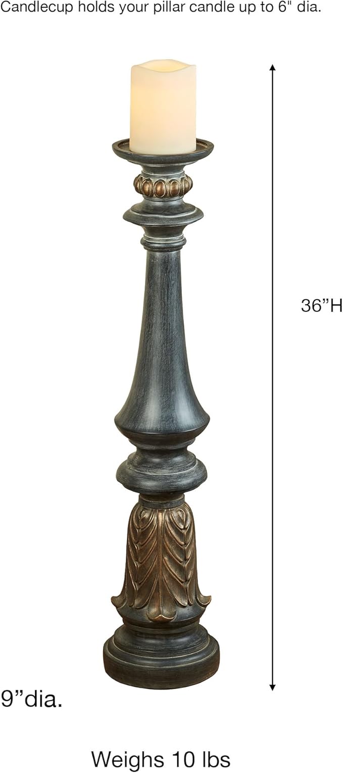 Aurora Tall Floor Candleholder | Neutral Antique Black Finish with Metallic Highlights | Holds Your Pillar Candle in a Classic Turned Spindle Pedestal Candlestick Design | 36 Inch Tall Candle Stand