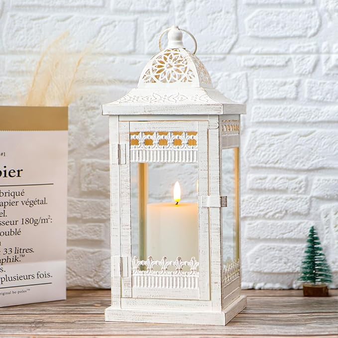 JHY DESIGN Decorative Candle Lanterns 14.5" High Vintage Style Hanging Lantern Metal Candleholder for Indoor Outdoor Events Parties and Weddings（Beige with Gold Brush）
