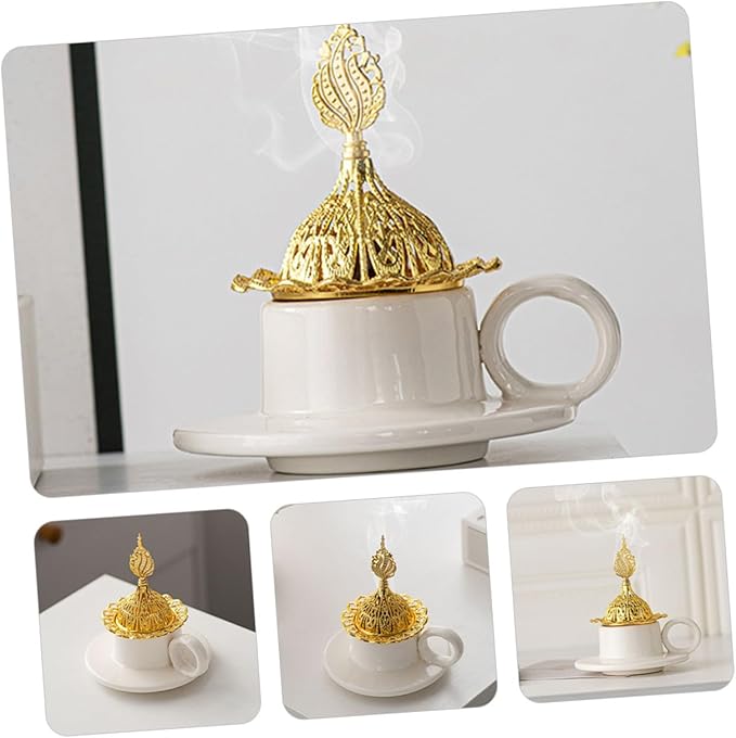 TEHAUX Vintage Ceramic Cone Incense Burner with Metal Handle Minimalist Elegant Decorative Censer Holder for Home Decor Portable Lightweight Aromatherapy Accessory Sophisticated Table