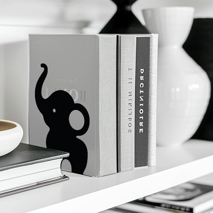 Peacoblue Metal Bookends for Shelves, Modern Decorative Heavy Duty Study Book Support Stoppers for Office, Desk, Shelf, Room 4.7"x3.5"x7.9" Cast Iron Simple Tall Bookends, 1 Pair (Cute Elephant)