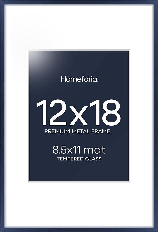 Homeforia 12x18 Picture Frame Navy Blue, High End Metal 12x18 Poster Frames with Mat 8.5x11 in Photo, 12 x 18 Navy Blue Frame Matted to 8.5 by 11 Print, 18x12 Frame, Tempered Glass, Wall Kit, Set of 1