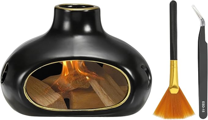 uxcell Incense Burner, Ceramic Incense Holder Santo Holder Ash Catcher with Cleaning Brush Tweezer Decorative Bowl for Meditation Stick Aromatherapy Yoga, Black