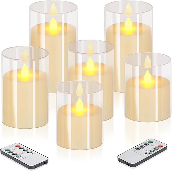 Flameless Candles 4" 5" 6" Set of 3 Acrylic Glass Pillars 3" Diameter Battery Operated Flickering Candles Include 10-Key Remote with Timer Function 400+ Hours (Pure White, Warm Light 6 Pack)