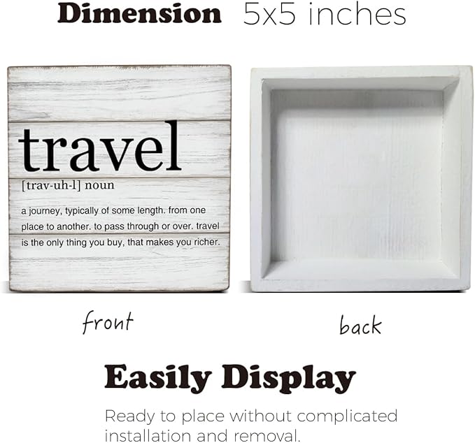 Traveler Gifts Travel Definition Wooden Box Sign Travel Quote Desk Decorative Wooden Sign Home Office Decor for Desk Table Shelf 5 x 5 Inches