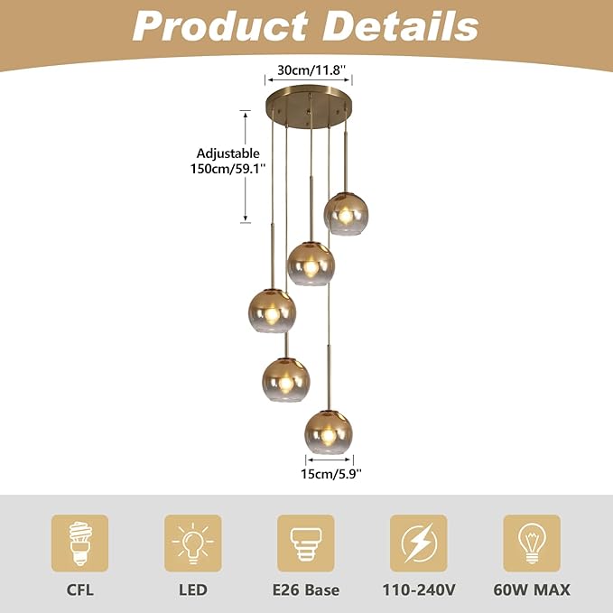 KCO Lighting 5 Light Cluster Pendant Light Gold Glass Pendant Light Mid Century Modern Dining Room Light Fixture Round Cluster Pendant Light Large Globe Chandelier Light Fixture