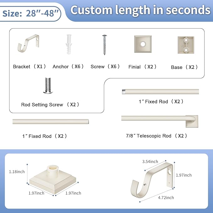Beige White Curtain Rods for Windows 28-48Inch Heavy Duty French Return Rod, Wrap Around Blackout Curtain Rods, Adjustable Room Darkening Drapery Rod for Bedroom, Living Room, Sliding Door & Outdoor