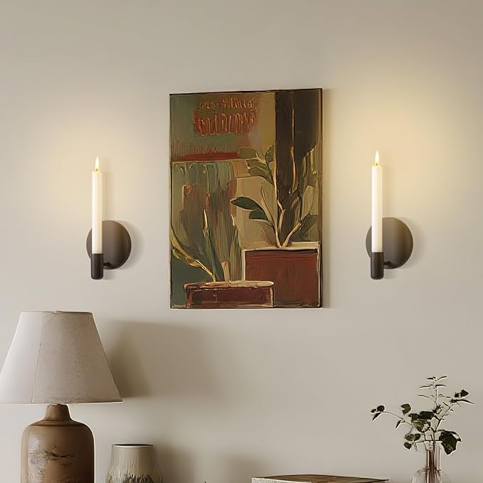 Matte Black Wall Sconce Candle Holders Set of 2 for Taper Candles, Minimalist Metal Wall Mounted Candlestick - 0.82 Inch Cup Diameter