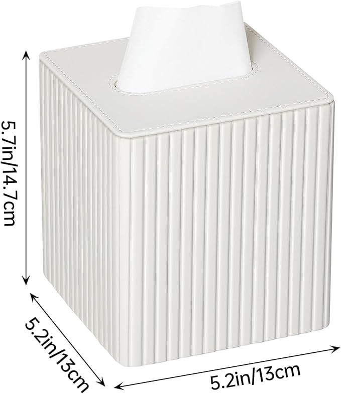 PU Leather Tissue Box Cover Square Tissue Box Holder with Magnetic Closure (Ivory Stripe)