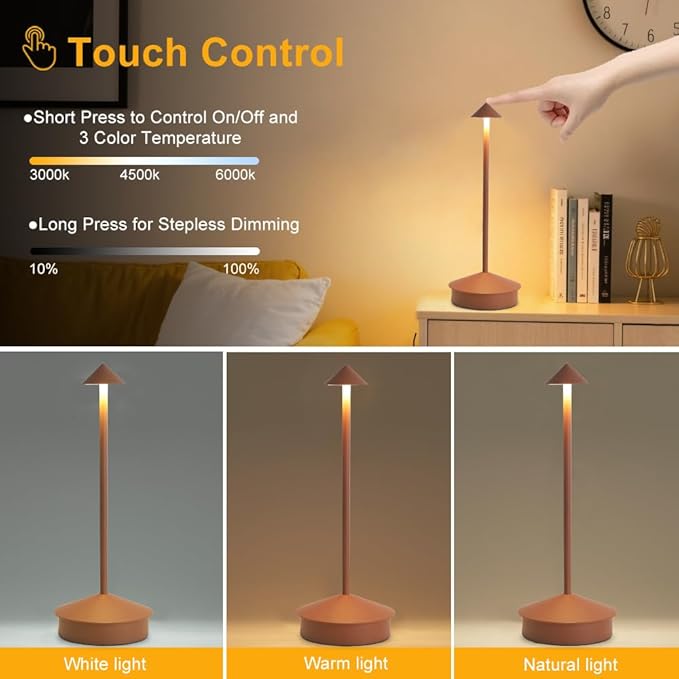 EJQ Cordless Table Lamp,Bedside Table Lamp for Bedroom,6000mAh Battery Operated Portable LED Desk Lamp,3 Way Dimmable Touch Lamp Rechargeable USB Charging Ports for Restaurant/Patio/Outdoor(Brown)