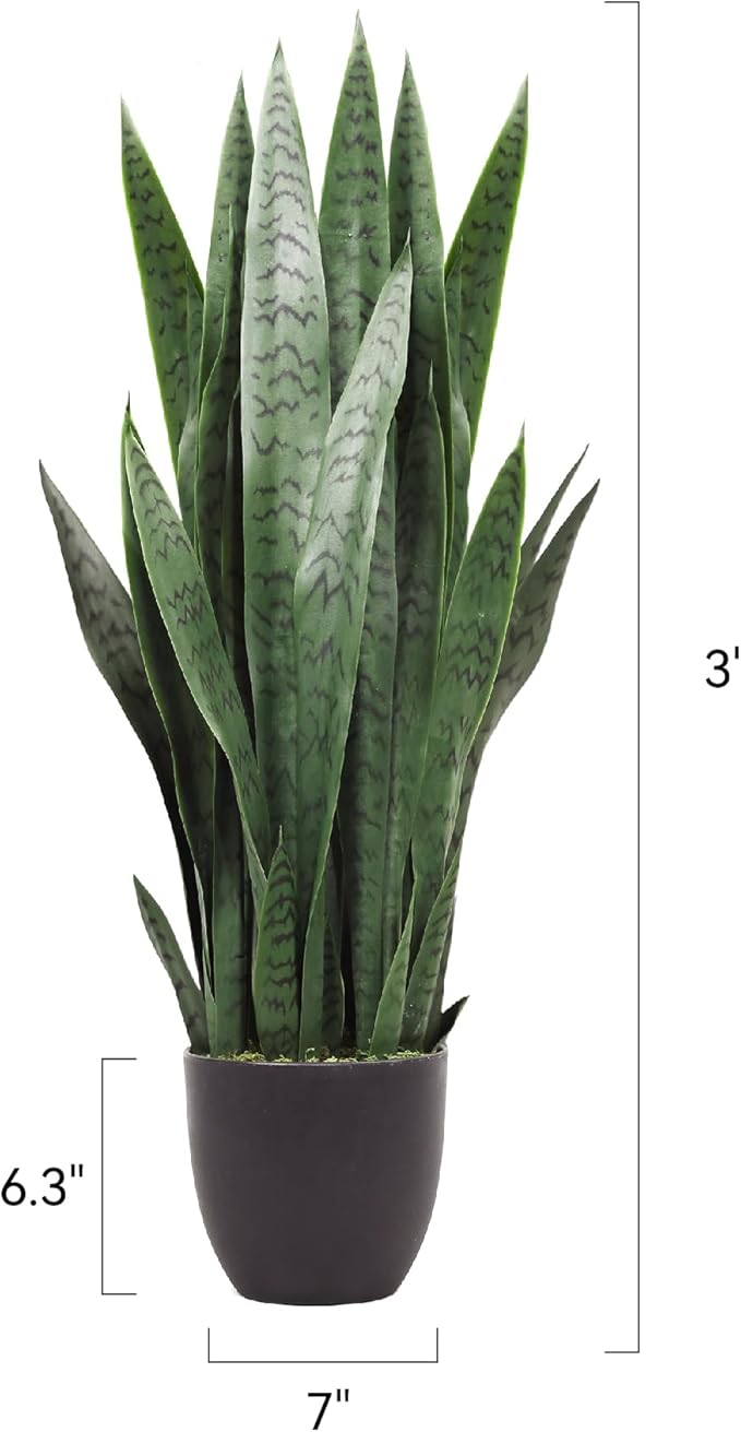 KOL 3FT 2-Pack Artificial Snake Plant, Fake Sansevieria Indoor Outdoor, 28 Thick PE Leaves Lifelike Faux Silk Plants, Home Living Room Decor 35in Mother in Law Tongue, Greenery for Office Decor, Green
