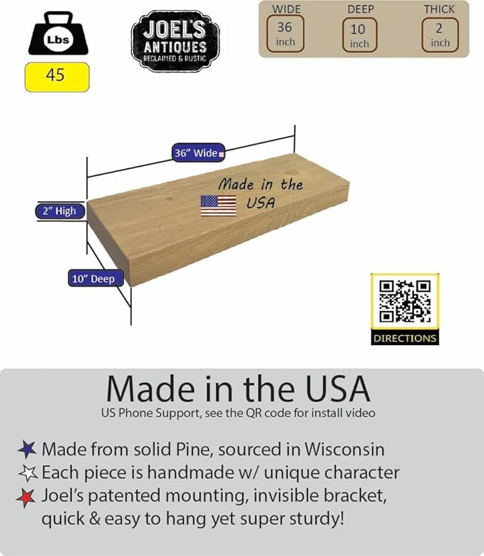 joelsantiques - 36 Inch Wooden Floating Shelves for Wall - 36x10x2 in - Made of Natural Wood - Long Heavy Duty Rustic Wall Shelves for Bedroom - Perfect for Living Room, Kitchen - Beige