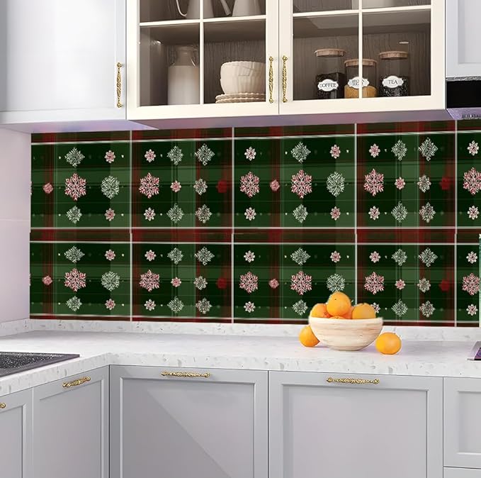 Christmas Plaid Removable Peel and Stick Wall Stickers 39.37x15.75 Inch Red White Snowflakes Green Tartan Modern for Bedroom Living Room Holiday Spaces Decor