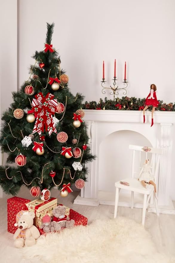 ABTOLS 2PCS Christmas Wreath Bows, Red Pink White Stripe Bows for Wreath Xmas Candy Decor Bow for Front Door Green Tree Topper Bows for Winter New Year Wall Ornaments Home Indoor Outdoor Decor