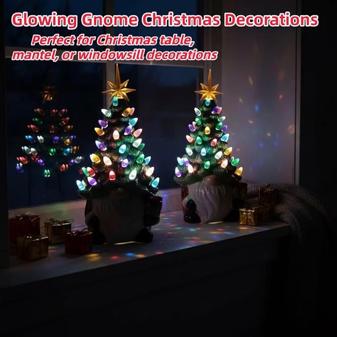Glowing Gnome Christmas Decorations - Mini Ceramic Christmas Tree 31 Multicolored Lighted - Small Pre-Assembled Lights Perfect for Table, Windowsill Living Room Fireplace Office Holiday Decor