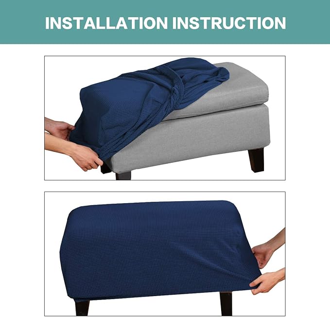 Turquoize Ottoman Slipcover Stretch Fabric Oversize Rectangle Folding Storage Stool Ottoman Cover Jacquard Stretch Rectangle Storage Stool Ottoman Cover for Living Room (X-Large, Navy)