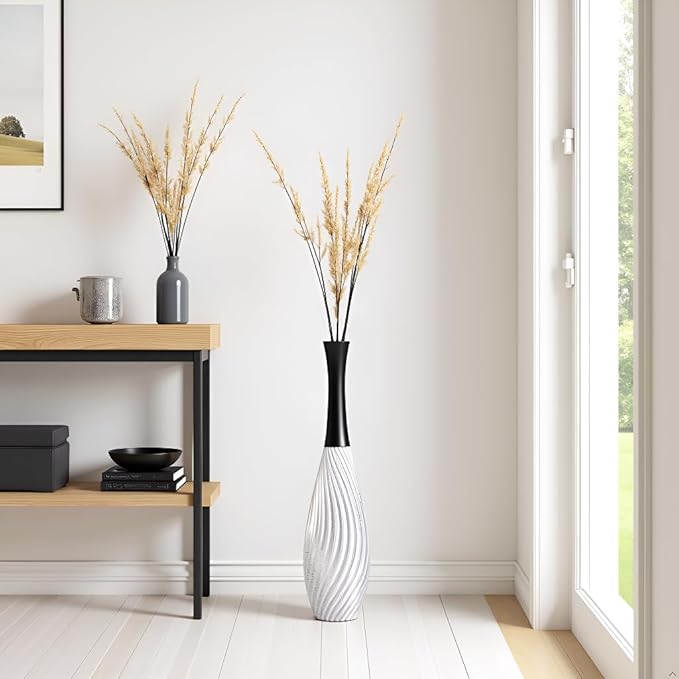 23.6" Silver Tall Vases - Black Neck Teardrop Tall Floor Vase with Textured Vertical Lines & Speckled Finish, Modern Decorative Floor Vase for Living Room, Office, Wedding Decor - Resin