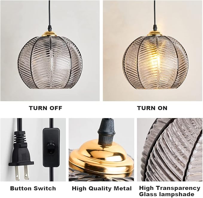 Plug in Glass Pendant Light Mid-Century Modern Striped Grey Glass Hanging Ceiling Lighting Fixture with 14.7FT Cord, Globe Decor Chandelier For Living Room, Bedroom, Dining Hall, Kitchen (Smoke Grey)