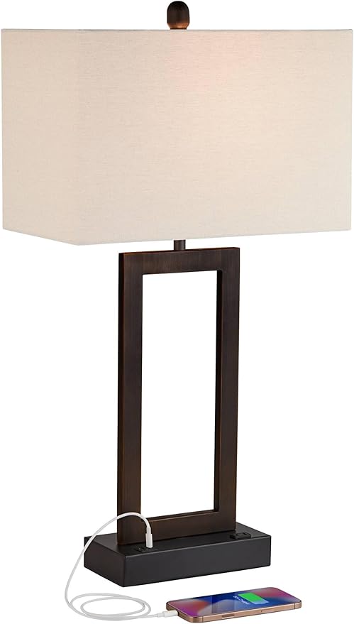 360 Lighting Todd Modern Minimalist Table Lamp with USB Charging Ports A+C and AC Power Outlet in Base 30" Tall Bronze Rectangular Oatmeal Fabric Shade Living Room Bedroom House Bedside Nightstand