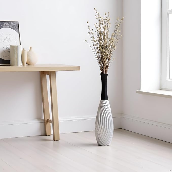 23.6" Silver Tall Vases - Black Neck Teardrop Tall Floor Vase with Textured Vertical Lines & Speckled Finish, Modern Decorative Floor Vase for Living Room, Office, Wedding Decor - Resin