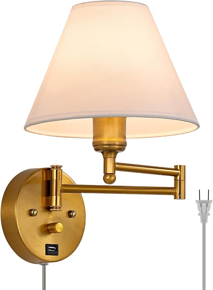 Swing Arm Wall Sconces, Plug-in Wall lamp,Bedroom Wall lamp ， White Fabric Shade，，with dimmable Switch and USB Charging Port, Suitable for Bedside, Living Room, Reading (Golden)