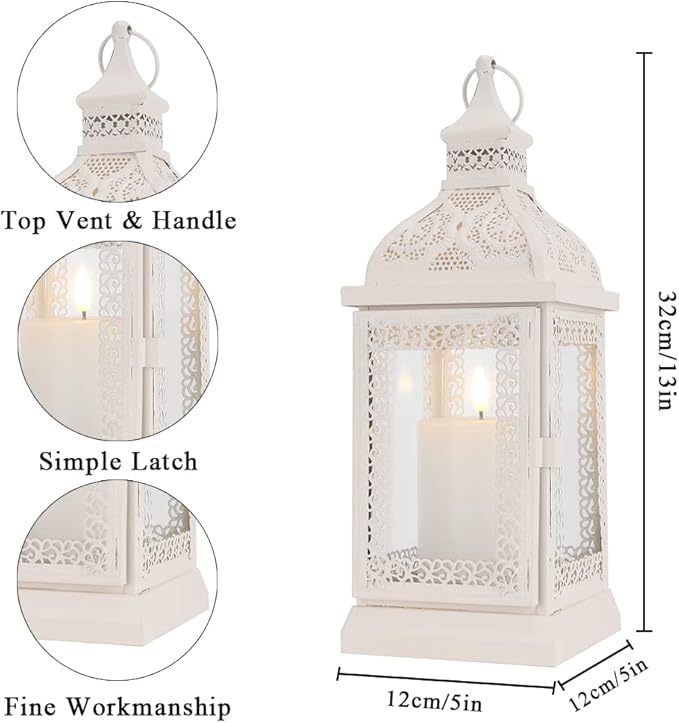 TRIROCKS Rustic Style Metal Candle Lantern 13'' High Decorative Outdoor Lantern Candle Holder with Tempered Glass for Home Living Room Garden Patio Parties Indoors Outdoors (Cream)