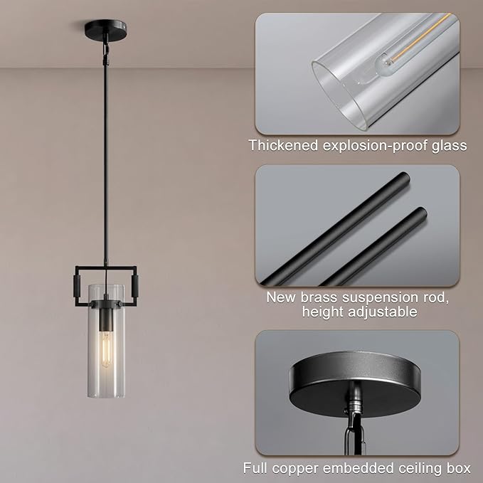 Modern Black Kitchen Island Pendant Lights, 12 Inch 1-Light Adjustable Pendant Light with Glass Shade & Brass Finish, Hanging Light Fixture for Kitchen, Dining Room,Bathroom, Living Room