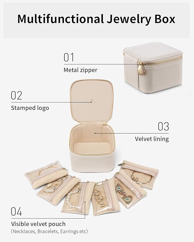 Vlando Travel Jewelry Case,Valentines Gifts,Small Jewelry Box Organizer,Travel Jewelry Storage with 6 Velvet Jewelry Zipper Pockets, Birthday Gifts for Women Girls (White)