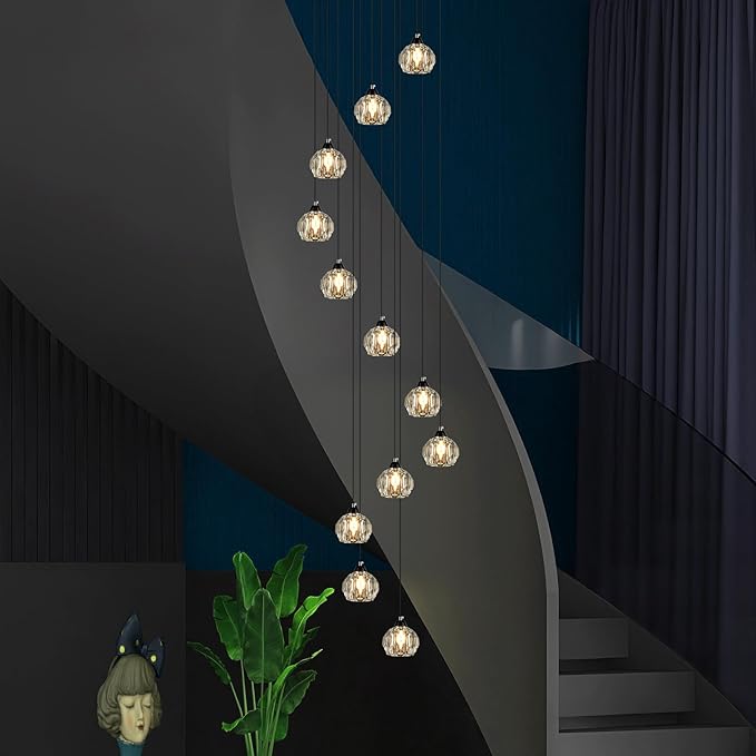 Crystal Chandeliers for Staircases, 12-Light Black Modern Chandeliers for High Ceilings，Crystal Pendant Light Fixture for Living Room Kitchen Island Foyer Hallway Bar