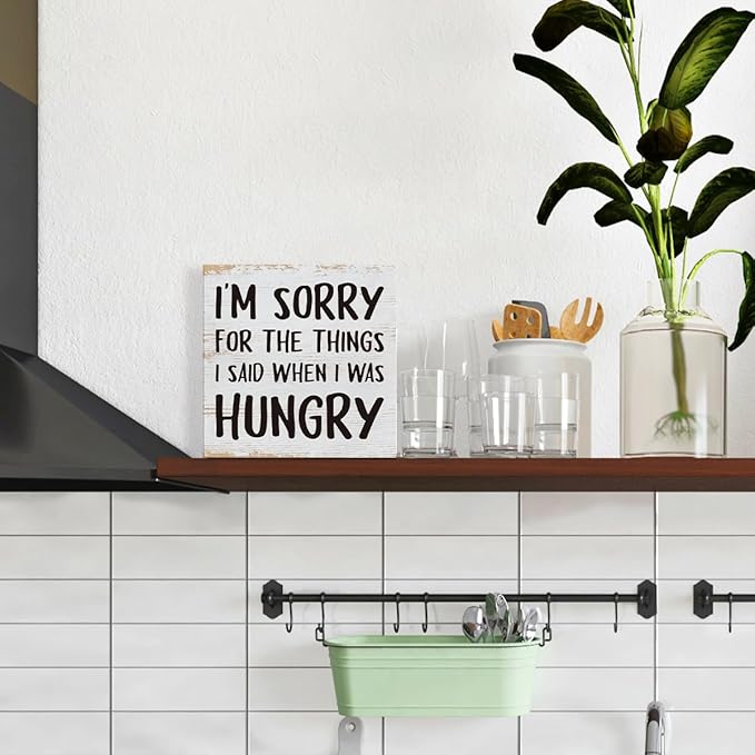 Funny Kitchen Decor Signs, I'm Sorry for the Things I Said When Hungry Sign, Humorous Wood Signs, Dining Room Decoration, Farmhouse Wooden Box Sign Decor, Home Kitchen Shelf Counter Desk Table Decors