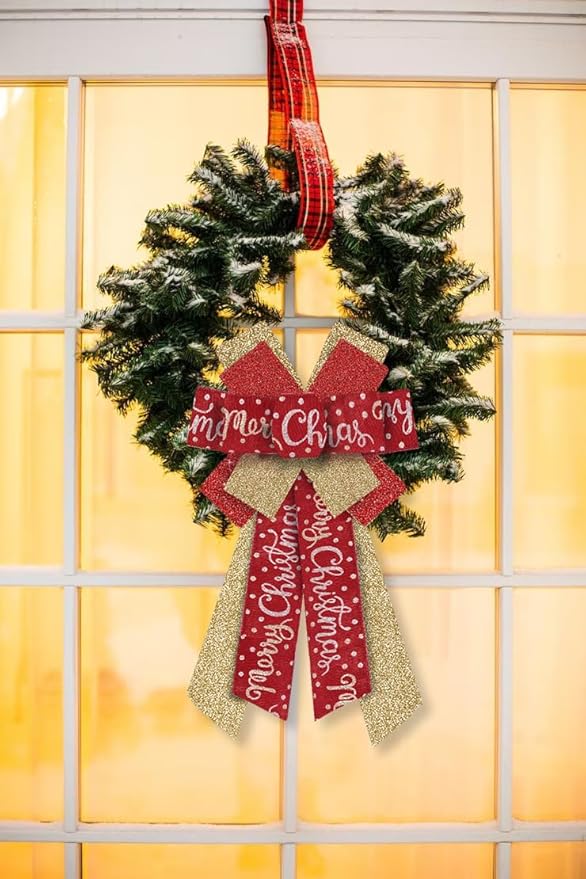 Hying Large Christmas Bows for Wreath, Christmas Wreath Bow Glitter Golden Red Burlap Bows Xmas Tree Topper Bows Ornaments for Front Door New Year Christmas Party Decoration Supplies