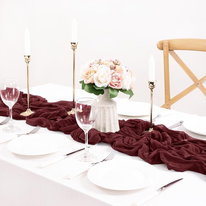 MLMC Burgundy Red Valentines Table Runner 10ft Wine Red Cheesecloth Table Runner Sheer Gauze Cheese Cloth Centerpiece 35x120 Inches for Wedding Bridal Shower Anniversary Valentine's Day Events Decor