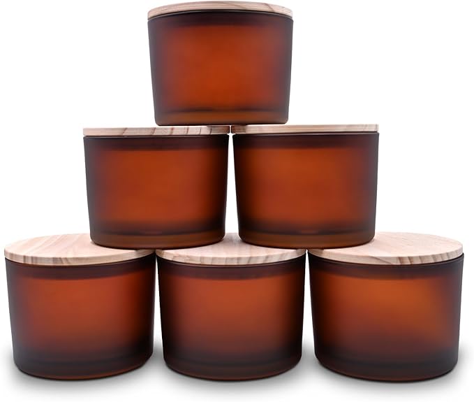 18 OZ Thick Candle Jars for Making Candles 6 Pcs, Empty Jars with Wood Lids for Candle Making, Sample Container, Frosted Brown