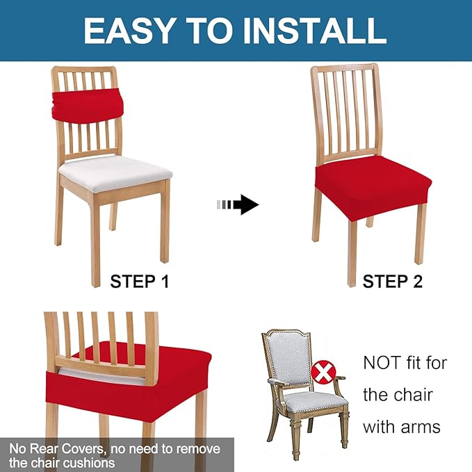 Smiry Waterproof Seat Covers for Dining Room Chairs Set of 4, Stretch Jacquard Removable Washable Chair Seat Slipcovers Protector, No Rear Covers, Red