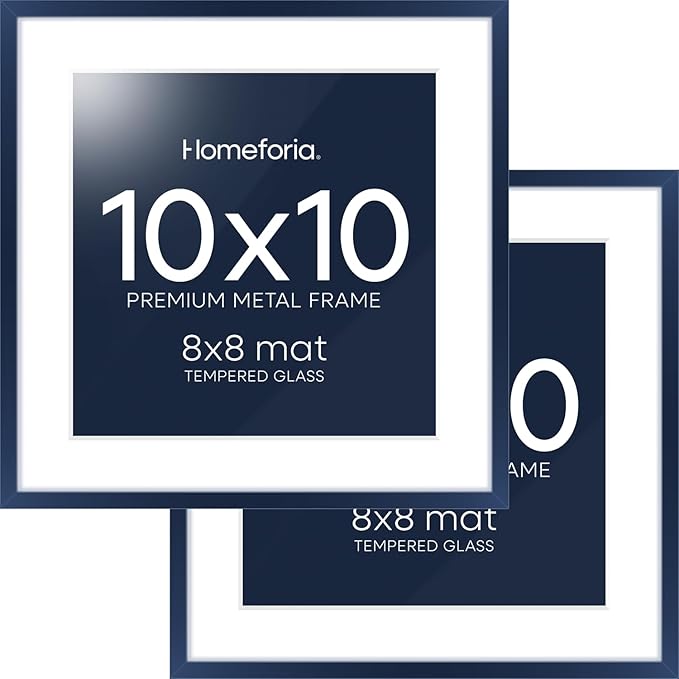 Homeforia 10x10 Picture Frame Navy Blue, High End Metal 10 by 10 Square Frames with Mat 8 x 8 Photo, 10by10 Poster Frame Matted to 8x8 Print, Wall or Tabletop Frame, Tempered Glass, Wall Kit, Set of 2