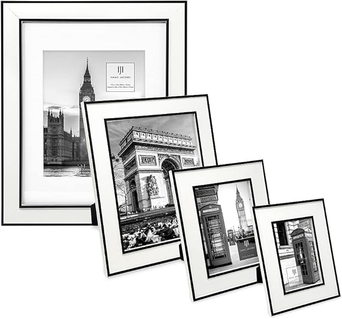 Isaac Jacobs 8x10 White w/Black (Vertical & Horizontal) Double Border Picture Frame w/Black Fabric Easel, Wall-Mountable, Made for Tabletop & Gallery, Home or Office (8x10, White W/Black)