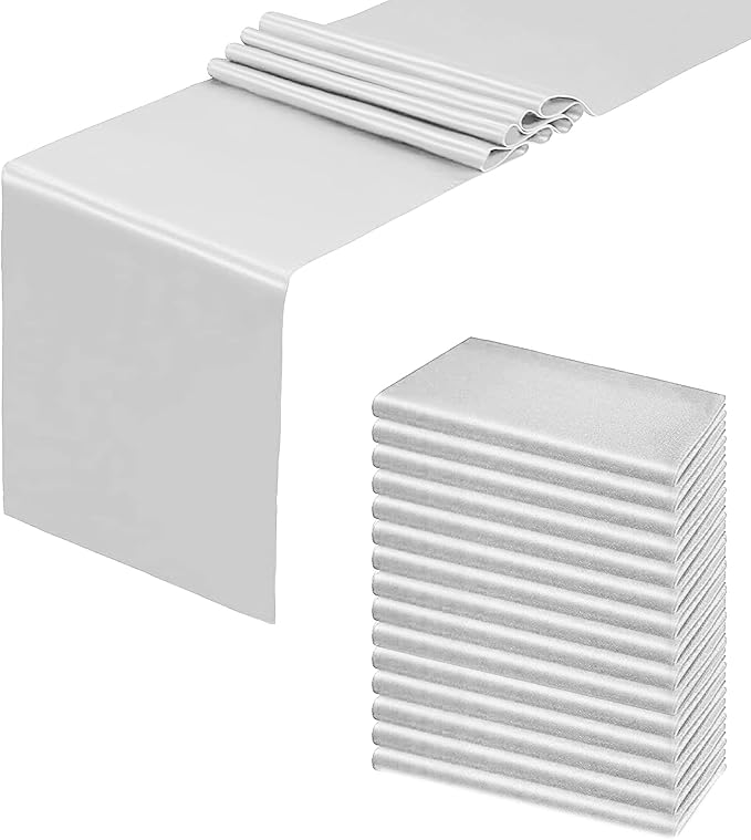 12 Pack Silver Table Runners, Satin Table Runner 12x108 Inches Long, Silk and Smooth Fabric Table Runner for Halloween,Christmas,Wedding, Parties, Banquets, Events Decoration