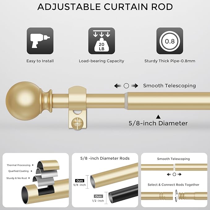 2 Pack Gold Curtain Rods, Curtain Pole for Window 48 to 84 Inch(4-7 Feet), 5/8 Inch Decorative Drapery Pole, Gold Splicing Curtain Rod Set, Size: 36"-88", Brass Gold